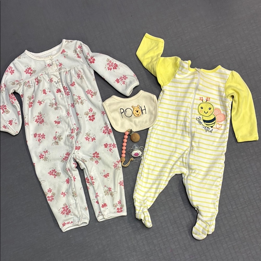 Carter's Pink Floral & Yellow Bee Stripe Baby One-Piece Sleepers - 4 items